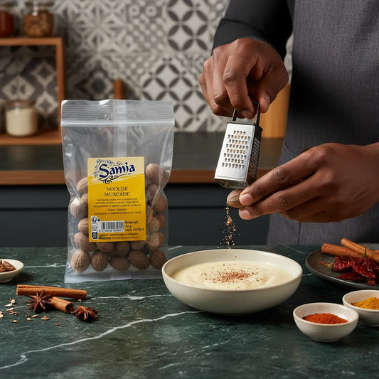 Main râpant de la noix de muscade SAMIA sur une soupe crémeuse, mettant en valeur l'épice indonésienne pour une cuisine riche en saveurs.