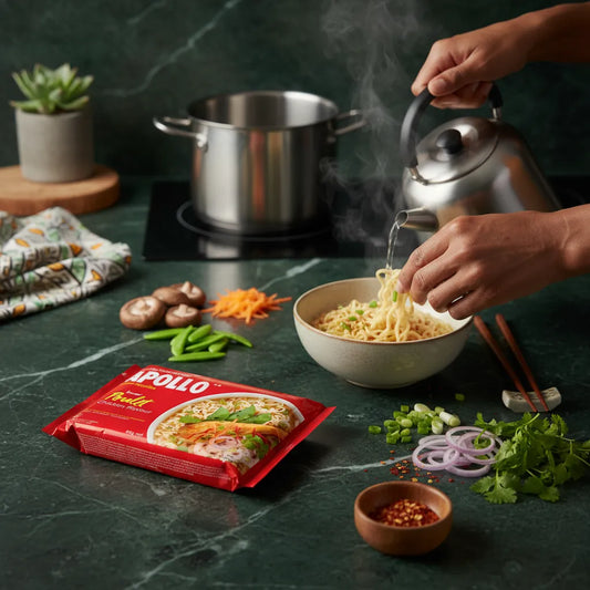 Préparation des nouilles poulet APOLLO avec eau chaude, légumes frais et épices sur plan de travail. Repas rapide et savoureux en épicerie salée.
