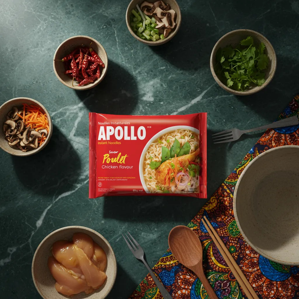 Nouilles Poulet APOLLO entourées d’ingrédients frais comme champignons, coriandre et piments. Produit d’épicerie salée pour un repas rapide et complet.