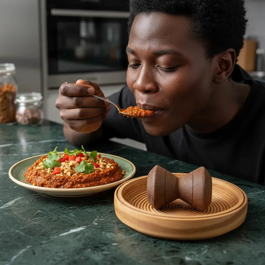 Homme dégustant un plat préparé à l’aide du talier en bois, accessoire de cuisine robuste pour rehausser les saveurs traditionnelles.