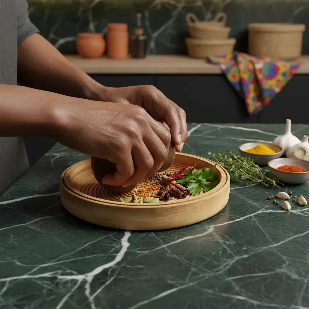 Utilisation du talier en bois dans une cuisine moderne pour écraser des épices fraîches, outil polyvalent pour plats faits maison.