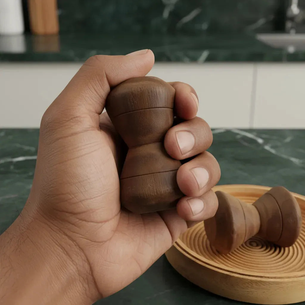 Main tenant fermement le talier en bois, accessoire ergonomique et durable pour écraser les ingrédients en cuisine.