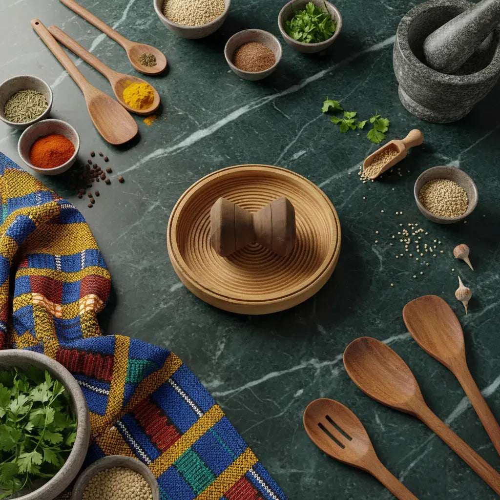 Talier en bois placé au centre d’un plan de travail avec ustensiles et épices, accessoire de cuisine essentiel pour préparations artisanales.