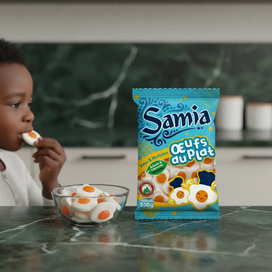 Enfant dégustant les bonbons oeufs au plat halal SAMIA dans une cuisine moderne, friandise gélifiée idéale pour petits et grands.