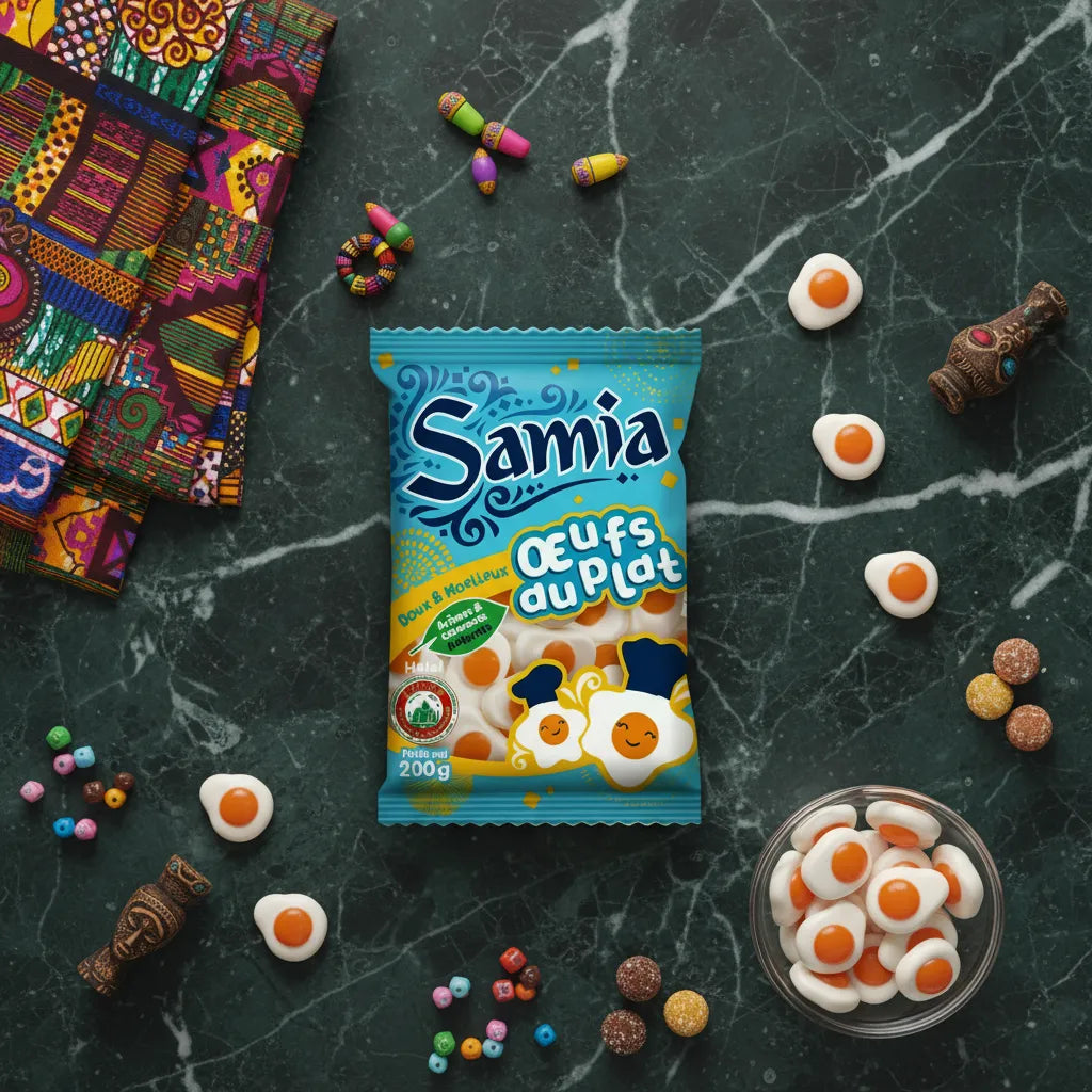 Bonbons oeufs au plat halal SAMIA présentés avec des décorations colorées sur une table, confiserie ludique pour épicerie sucrée.