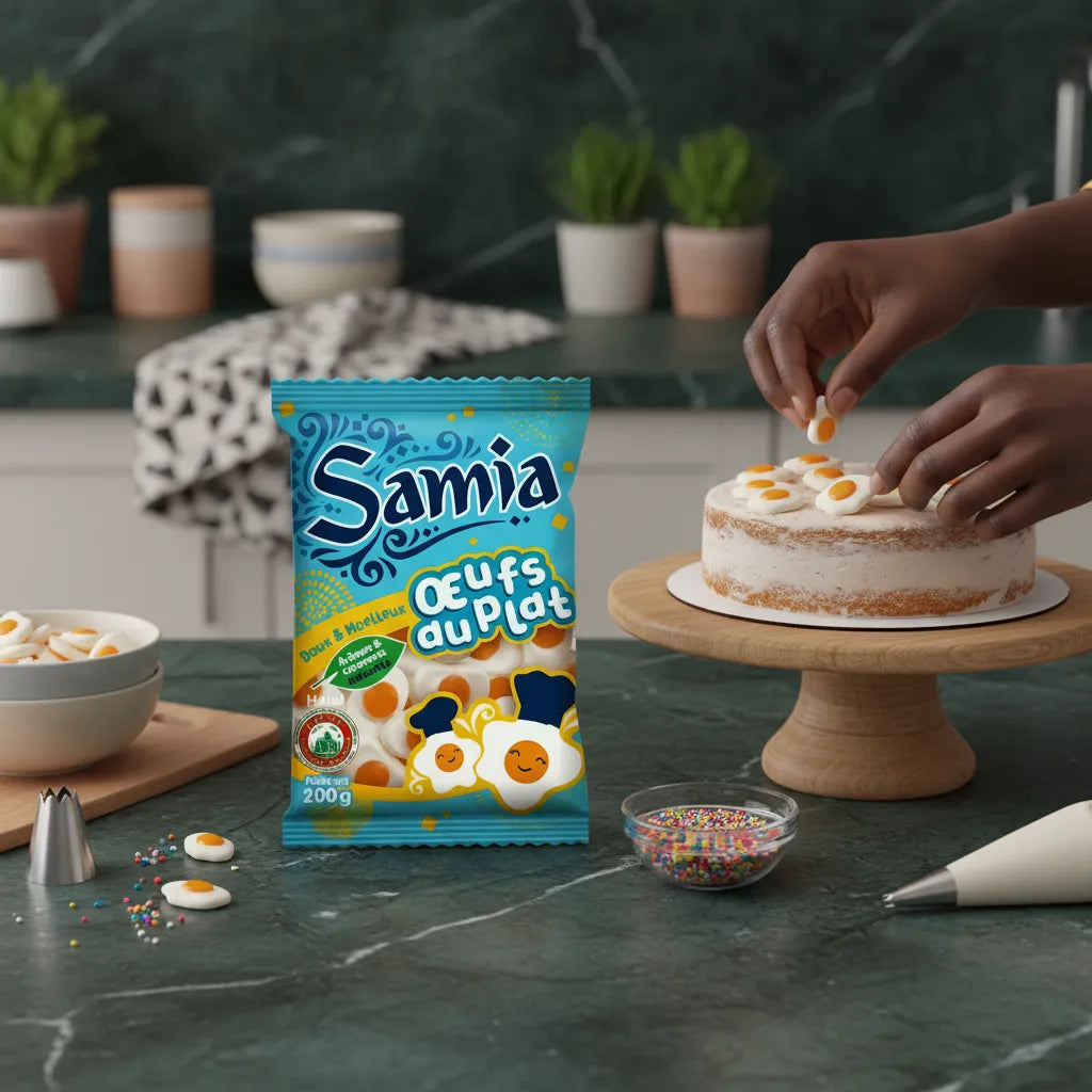 Utilisation des bonbons oeufs au plat halal SAMIA pour décorer un gâteau, friandise gélifiée parfaite pour pâtisseries créatives.