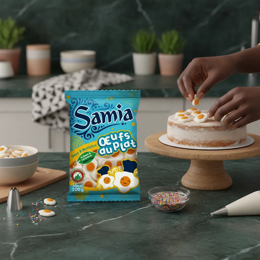 Utilisation des bonbons oeufs au plat halal SAMIA pour décorer un gâteau, friandise gélifiée parfaite pour pâtisseries créatives.