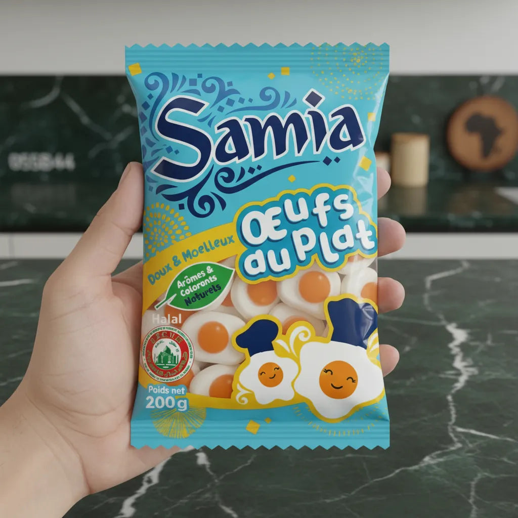 Main tenant un sachet de bonbons oeufs au plat halal SAMIA 200g, confiserie gélifiée certifiée halal pour les amateurs de douceurs.