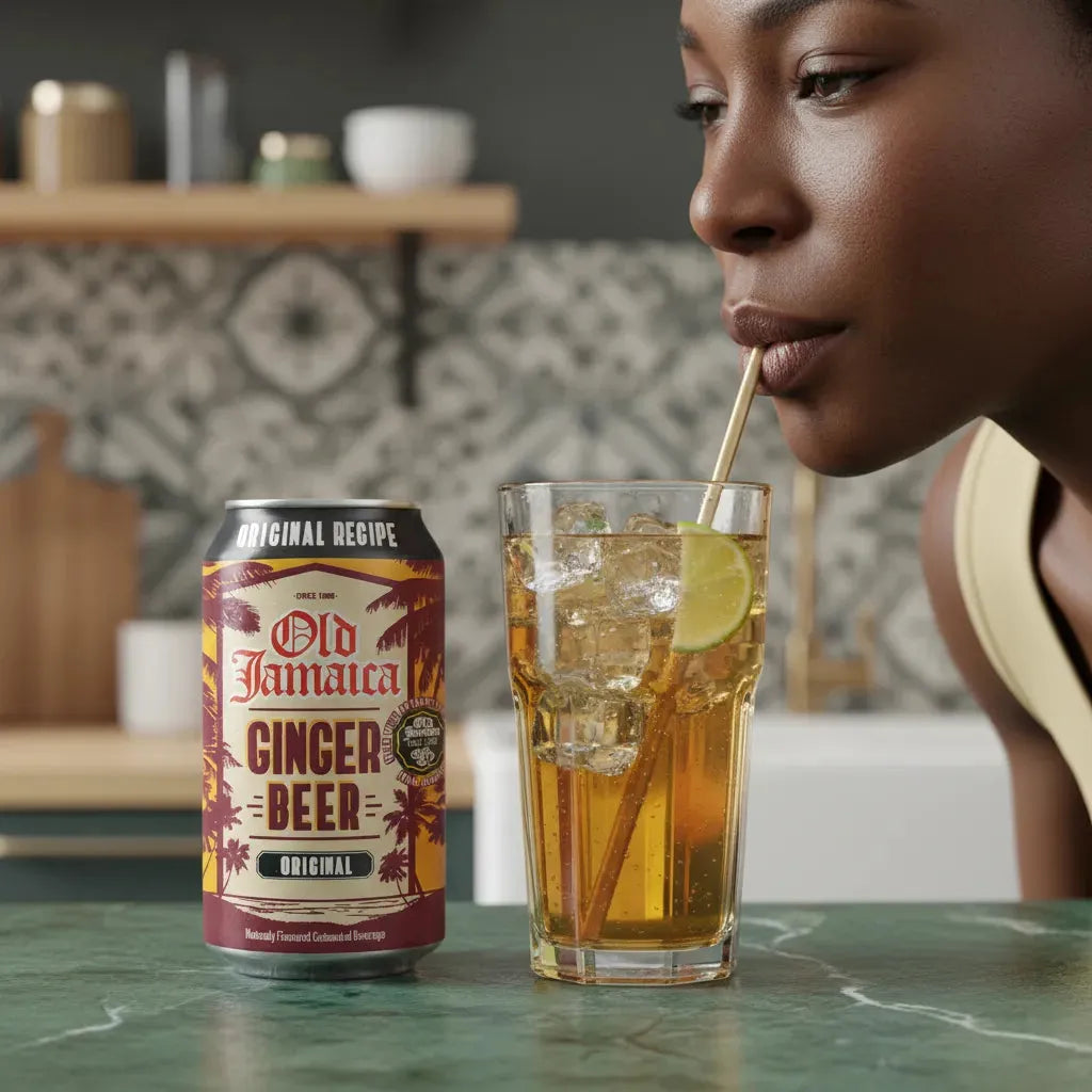 Femme dégustant un verre de Ginger Beer JAMAÏCA avec paille, citron vert et glaçons. Boisson rafraîchissante et épicée.