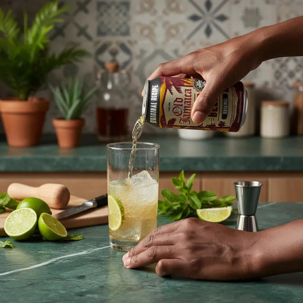 Versement de Ginger Beer JAMAÏCA dans un verre avec glaçons et citron vert. Boisson gazeuse épicée idéale pour cocktails.