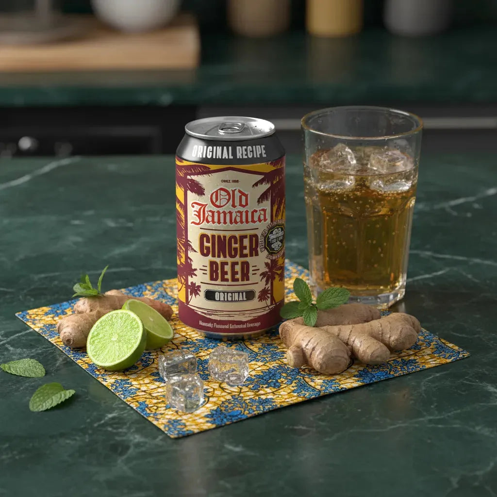 Ginger Beer en canette OLD JAMAÏCA servie avec glaçons, citron vert et gingembre frais. Boisson désaltérante au goût épicé.