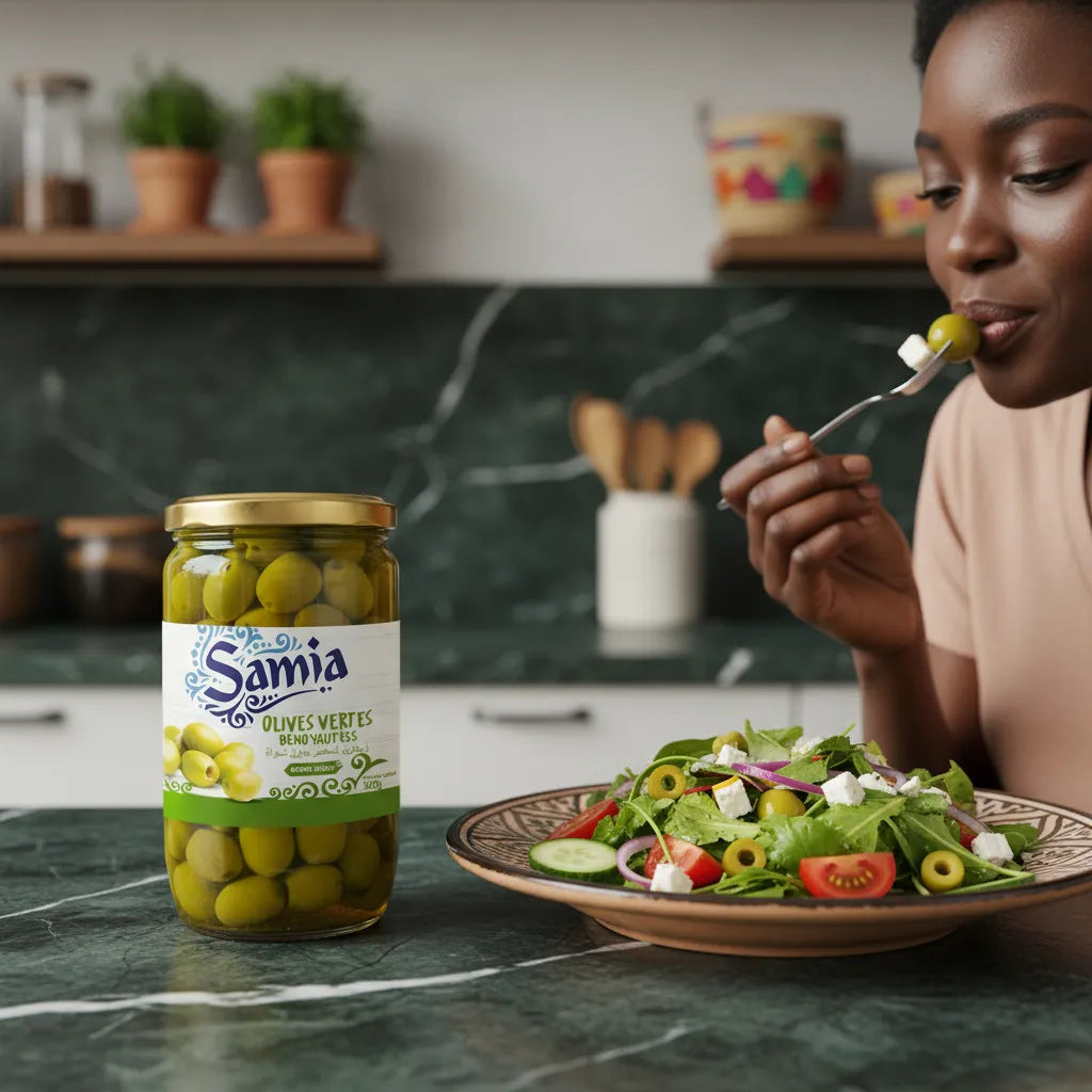 Femme dégustant des olives vertes dénoyautées SAMIA à côté d'une salade fraîche, idéal pour apéritif ou cuisine saine.