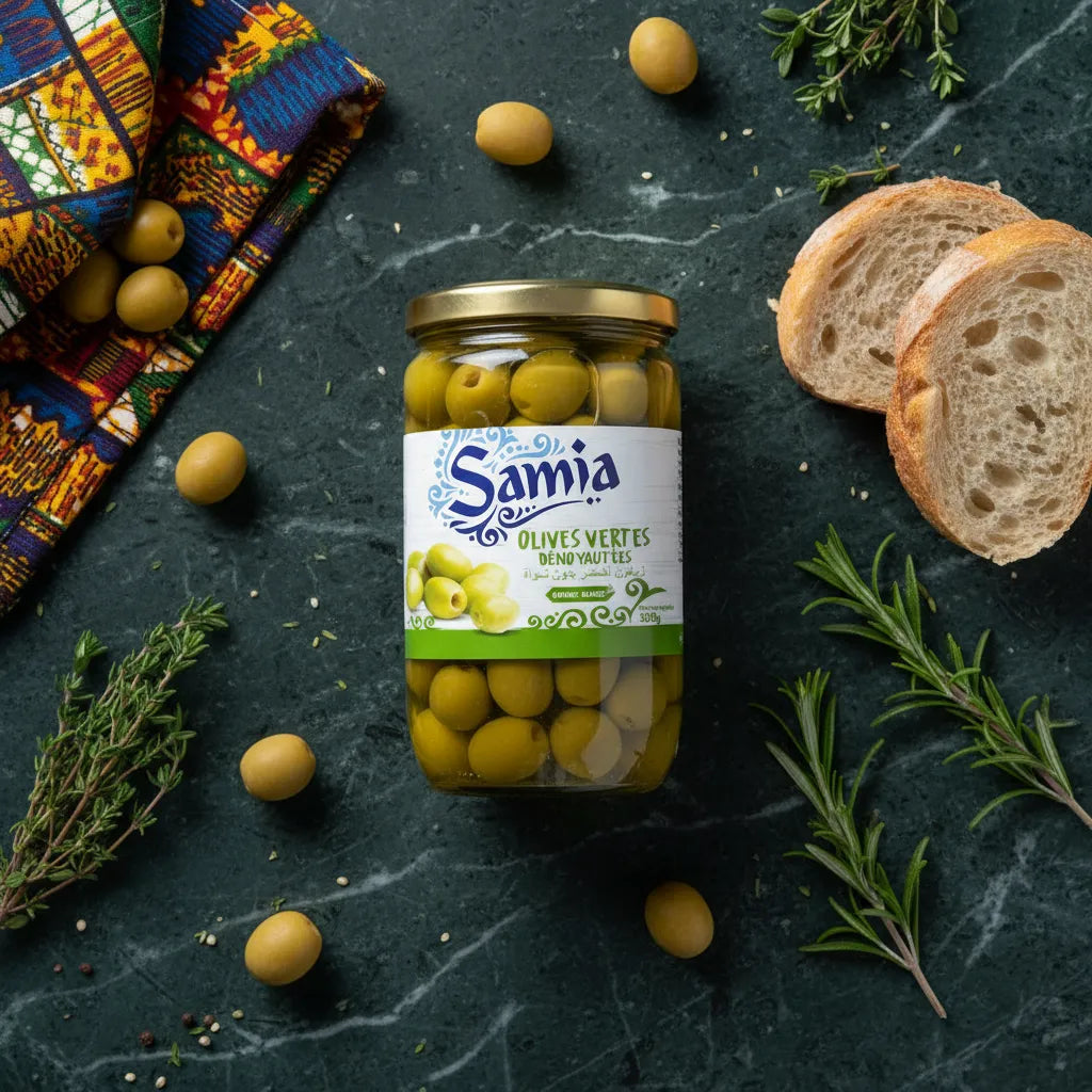 Bocal d'olives vertes dénoyautées SAMIA entouré de pain, herbes et tissu coloré, parfait pour apéritif ou cuisine méditerranéenne.