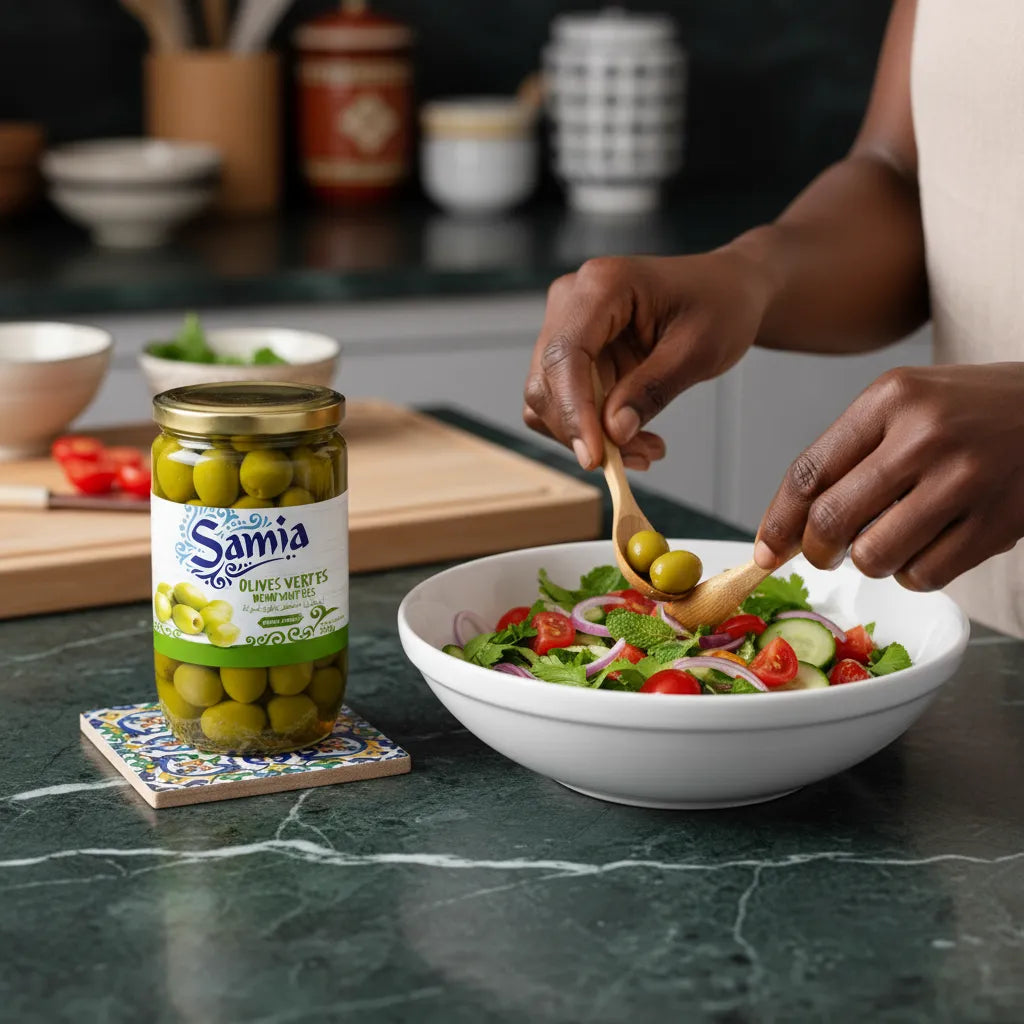 Préparation d'une salade avec olives vertes dénoyautées SAMIA, ingrédient savoureux pour plats frais et équilibrés.