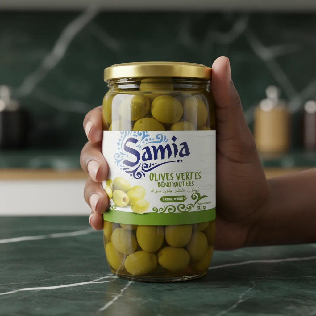 Main tenant un bocal d'olives vertes dénoyautées SAMIA, produit de qualité pour l'épicerie salée et les recettes variées.