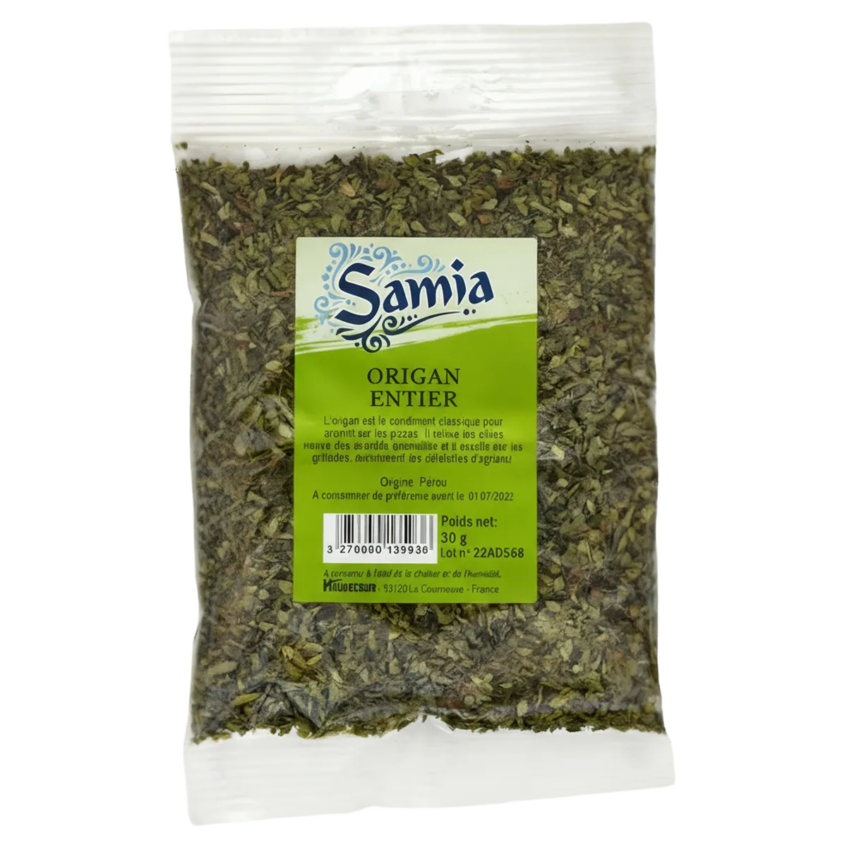 Origan entier Samia en sachet de 30g, herbes séchées entières pour assaisonnement, idéal pour cuisine méditerranéenne et épicerie salée.