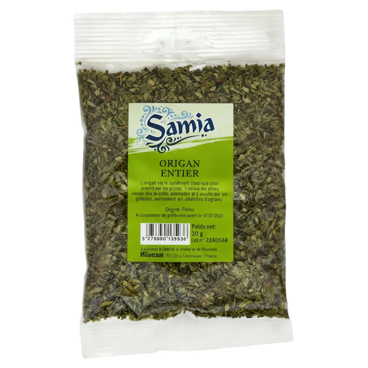 Origan entier Samia en sachet de 30g, herbes séchées entières pour assaisonnement, idéal pour cuisine méditerranéenne et épicerie salée.