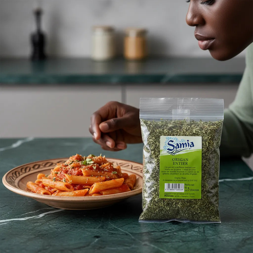 Origan entier Samia à côté d’un plat de pâtes, parfait pour ajouter une touche aromatique aux recettes italiennes et épicerie salée.