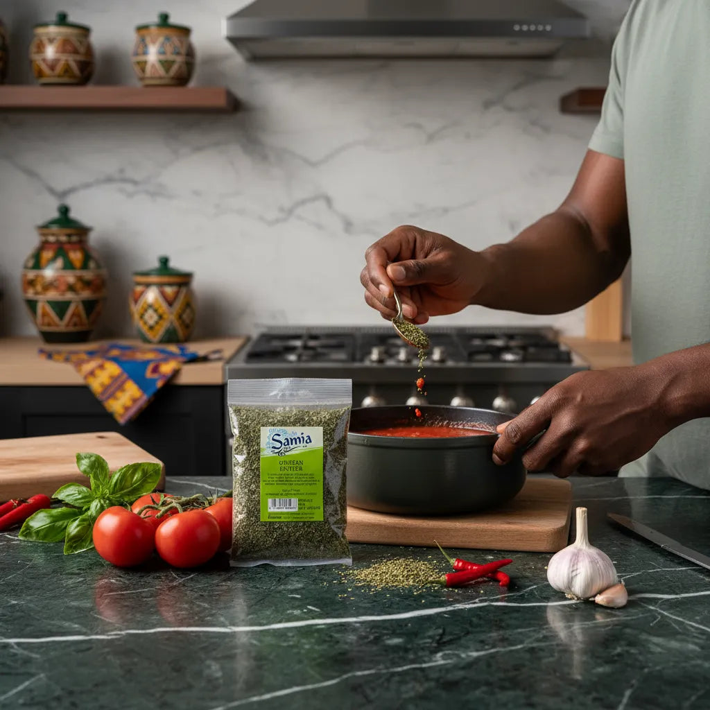 Origan séché Samia utilisé pour assaisonner une sauce tomate maison, parfait pour plats mijotés et recettes traditionnelles.