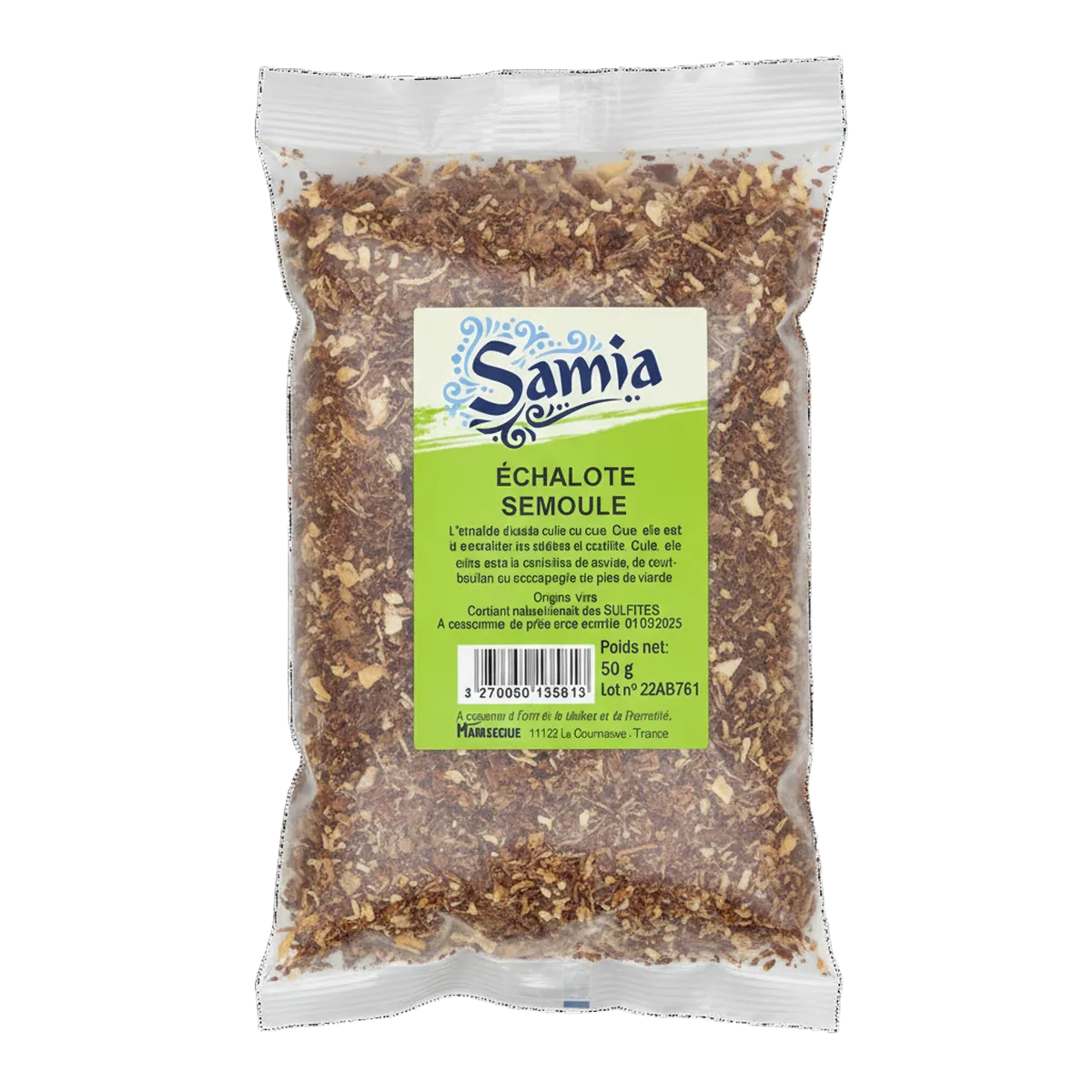Échalote SAMIA - échalote séchée en semoule dans un sachet transparent de 50g, idéale pour l'épicerie salée et les plats mijotés.