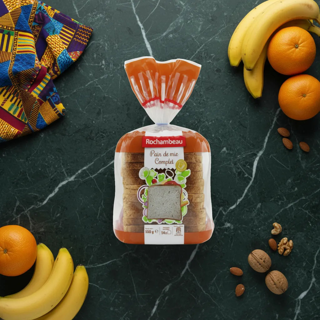 Pain complet Rochambeau posé sur table avec fruits et noix, pain de mie 100% complet pour petit-déjeuner sain et riche en nutriments.