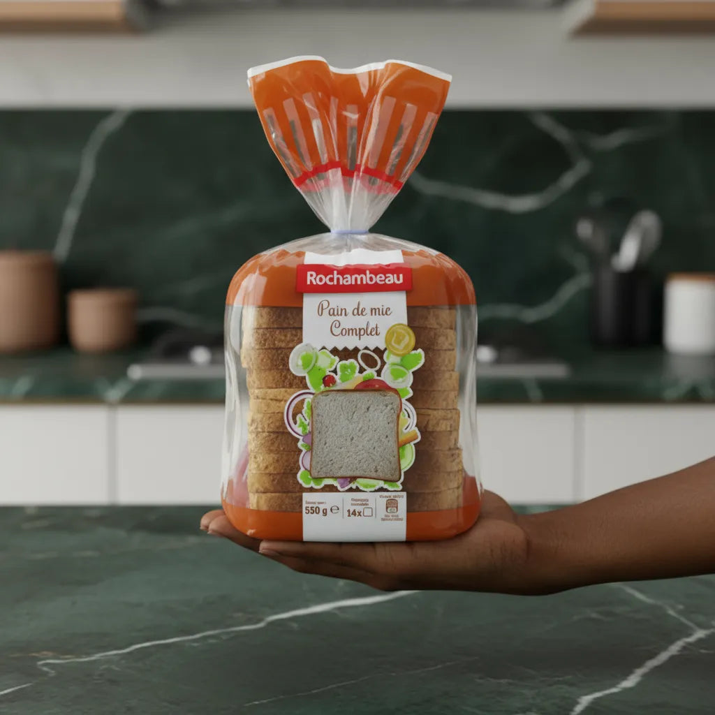 Pain de mie complet Rochambeau tenu à la main, emballage de 550g, produit de boulangerie sain et pratique pour une consommation quotidienne.