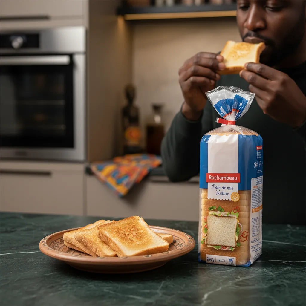Pain de mie Rochambeau grillé servi au petit-déjeuner, toasté pour un usage en sandwicherie ou tartines.