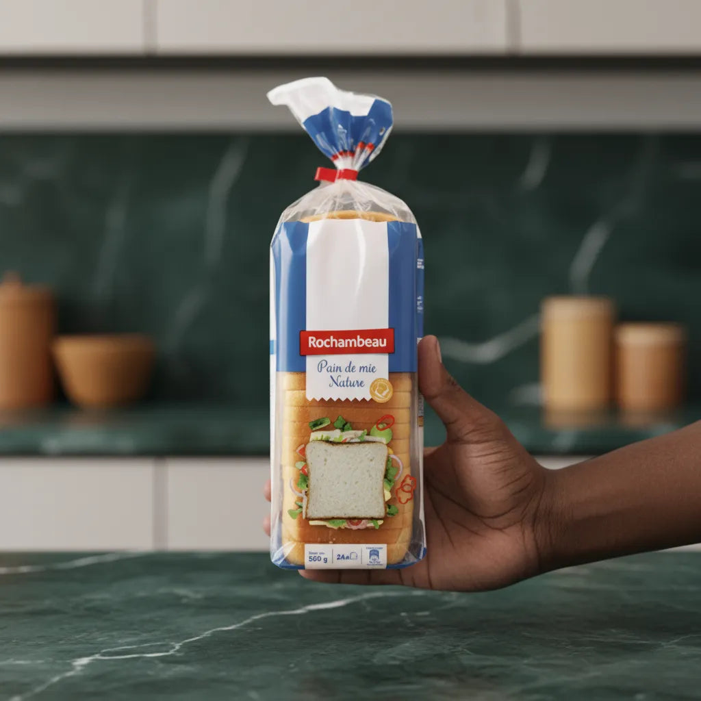 Pain de mie Rochambeau nature blanc tenu à la main, produit de boulangerie pratique pour repas rapides.