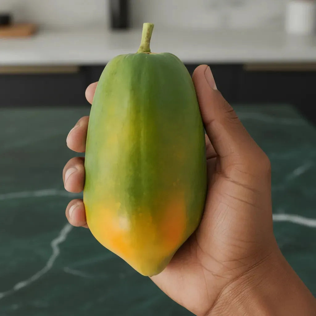 Papaye Formosa fraîche tenue en main, mettant en valeur sa taille compacte et sa peau bicolore verte et jaune, fruit tropical juteux.