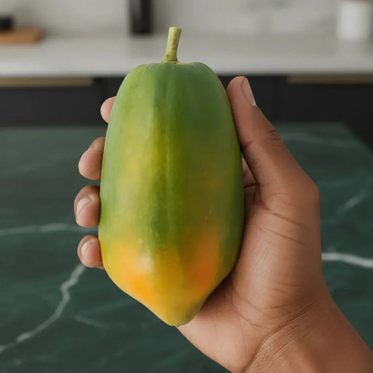 Papaye Formosa fraîche tenue en main, mettant en valeur sa taille compacte et sa peau bicolore verte et jaune, fruit tropical juteux.