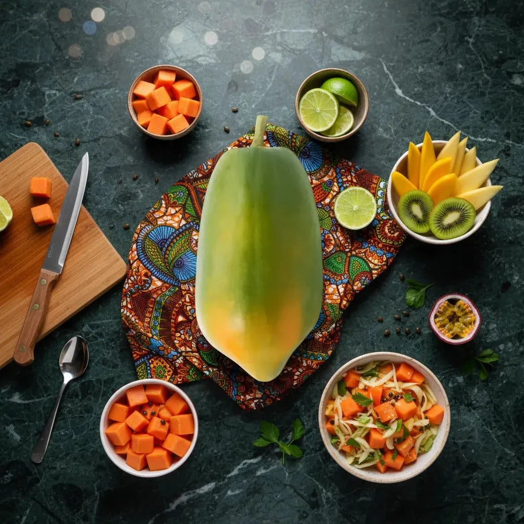 Papaye Formosa entourée de fruits frais et salade tropicale, illustrant sa polyvalence en cuisine saine et gourmande.