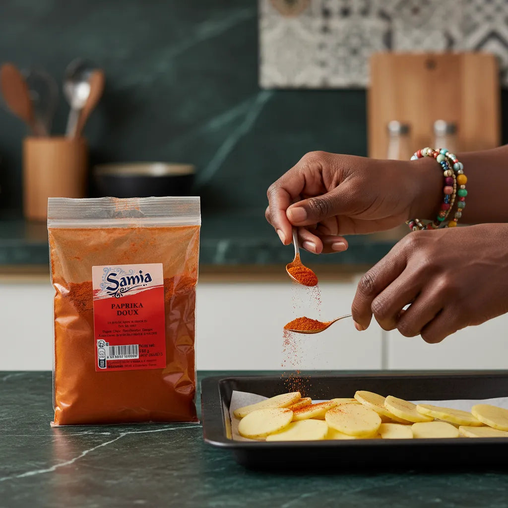 Paprika SAMIA - Épice Aromatique utilisée pour assaisonner des pommes de terre, idéale pour sauces et marinades maison.