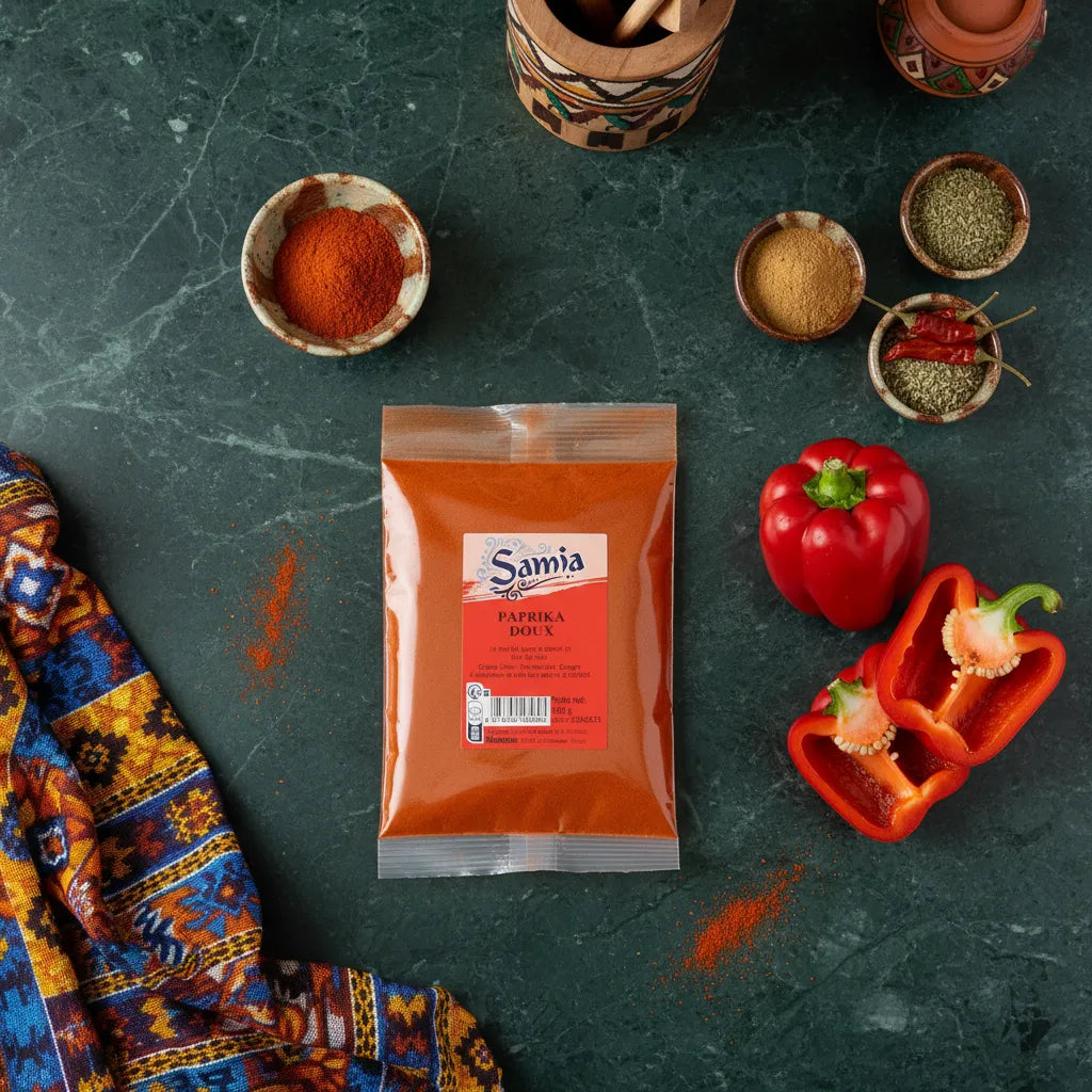 Paprika SAMIA - Épice Aromatique présentée avec poivrons rouges et autres épices, parfait pour cuisine créative et colorée.