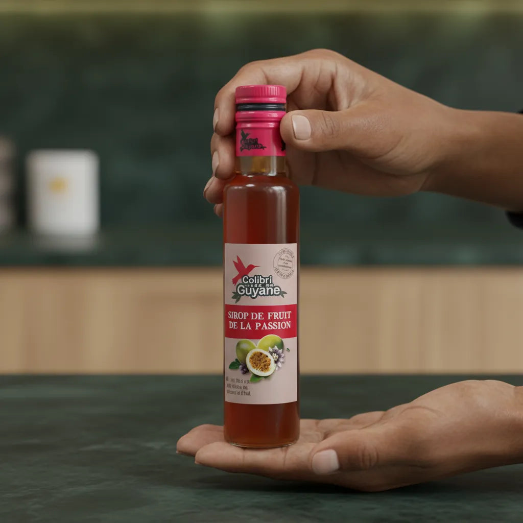 Présentation en main du sirop passion DELICES DE GUYANE, format pratique pour une utilisation en cuisine ou en mixologie.