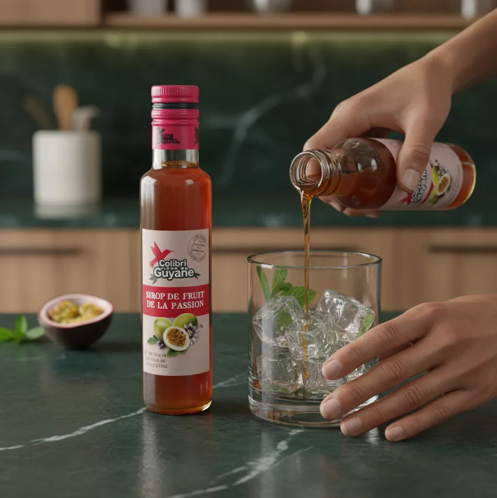 Versement du sirop de passion DELICES DE GUYANE dans un verre avec glaçons, parfait pour créer des boissons tropicales rafraîchissantes.