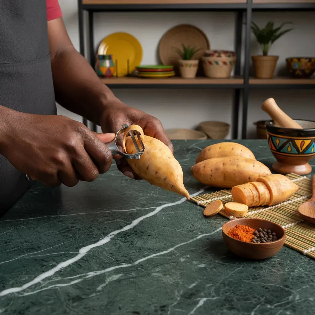 Préparation culinaire de patate douce à chair blanche - Délicieuse et Polyvalente, épluchée sur plan de travail avec épices et ustensiles.