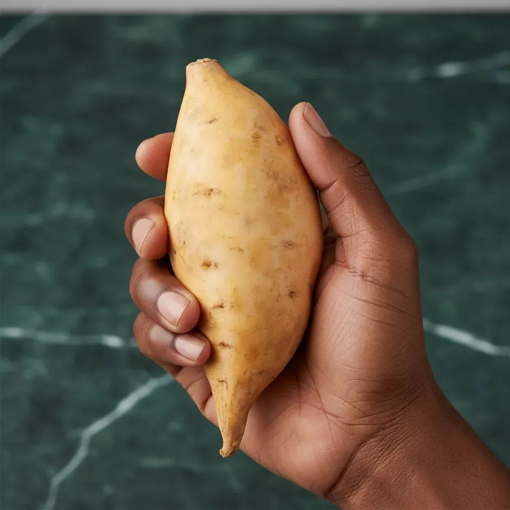 Patate douce à chair blanche - Délicieuse et Polyvalente tenue en main, montrant sa taille et texture, parfaite pour cuisine maison.