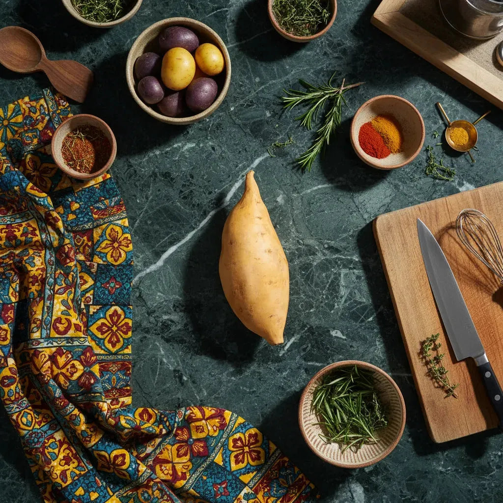 Patate douce à chair blanche - Délicieuse et Polyvalente au centre d’une préparation culinaire avec herbes, épices et ustensiles de cuisine.