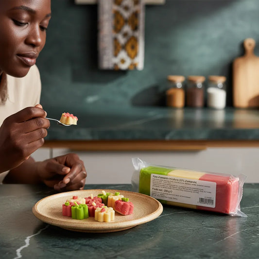 Femme dégustant des formes de pâte d'amandes tricolore PROFRUIT sur assiette, parfaite pour desserts colorés et décorations pâtissières.