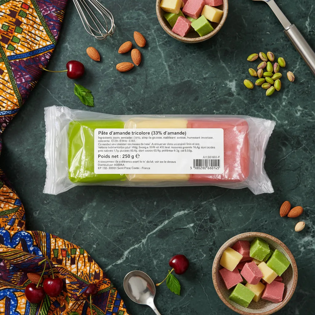 Bloc de pâte d'amandes tricolore PROFRUIT 250g sur table avec fruits secs et ustensiles, ingrédient doux pour garnitures de tartes et gâteaux.