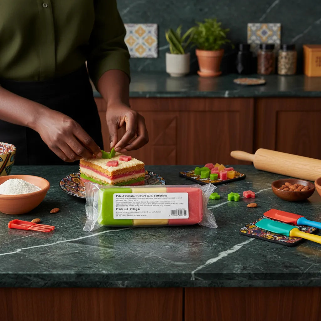 Préparation de gâteau avec pâte d'amandes tricolore PROFRUIT, ingrédient coloré et fondant pour pâtisserie maison et décorations sucrées.