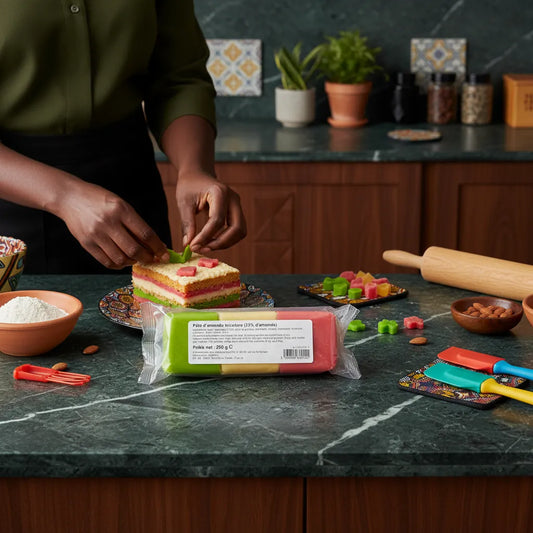 Préparation de gâteau avec pâte d'amandes tricolore PROFRUIT, ingrédient coloré et fondant pour pâtisserie maison et décorations sucrées.