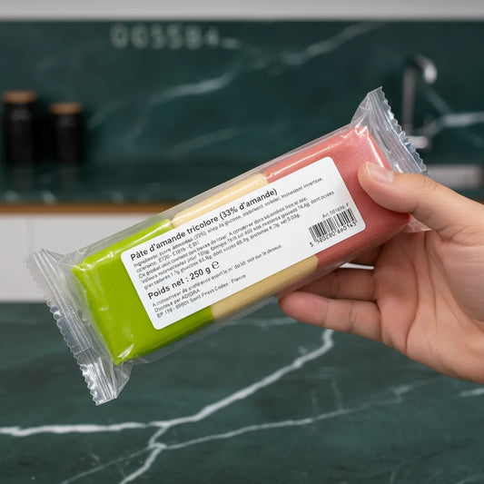 Main tenant la pâte d'amandes tricolore PROFRUIT 33%, produit prêt à l'emploi pour garnitures pâtissières, texture douce et goût d'amande.