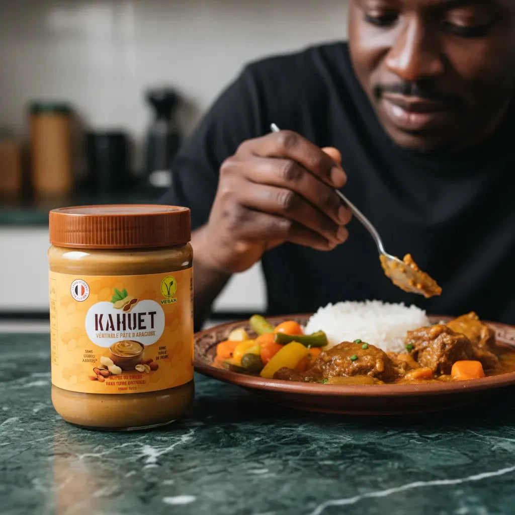 Pâte d'arachide Vegan KAHUET - Naturel & Crémeux utilisée dans un plat chaud, idéale pour sauces et recettes africaines.