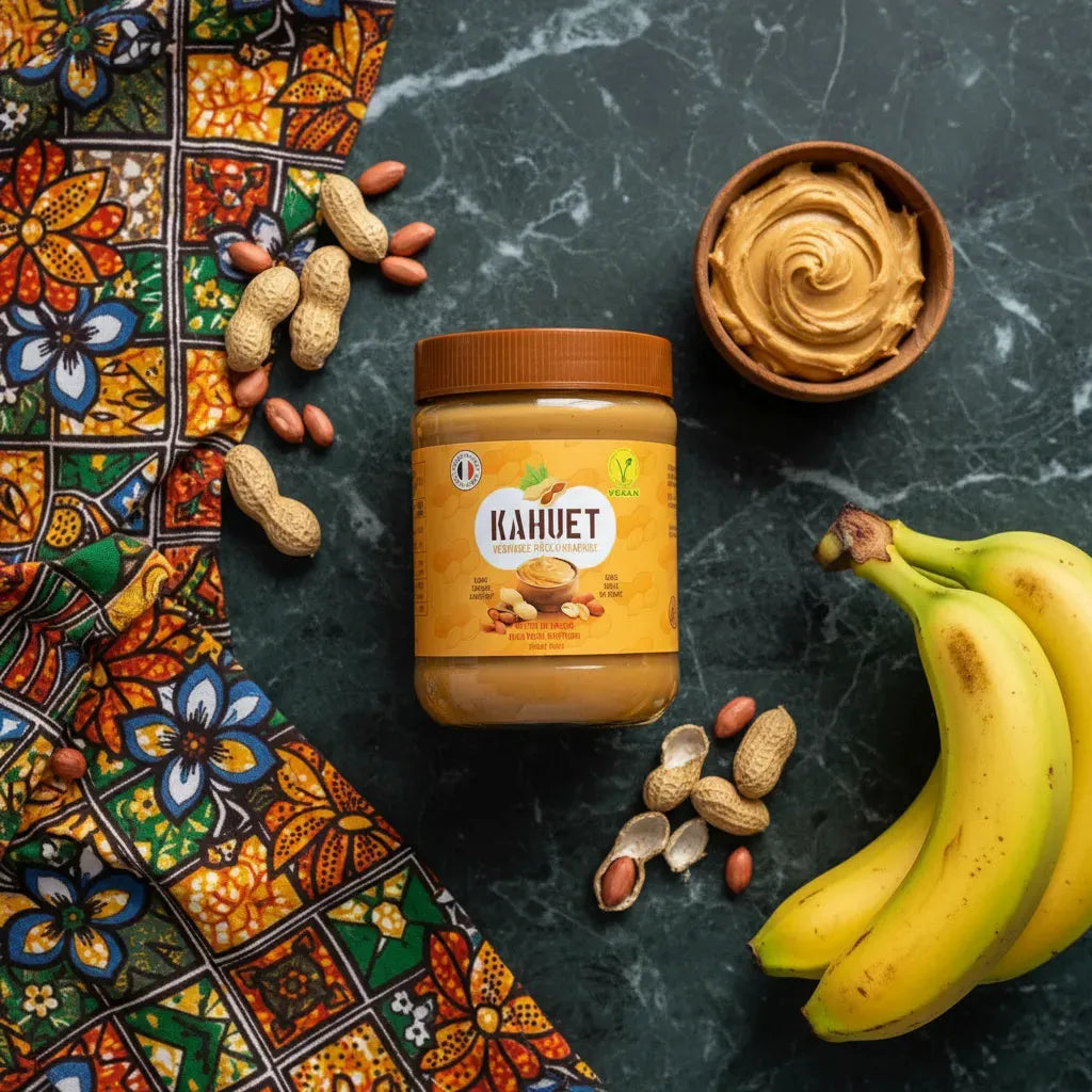 Pâte d'arachide Vegan KAHUET - Naturel & Crémeux avec bananes, cacahuètes et tissu africain, parfaite pour petit-déjeuner sain.