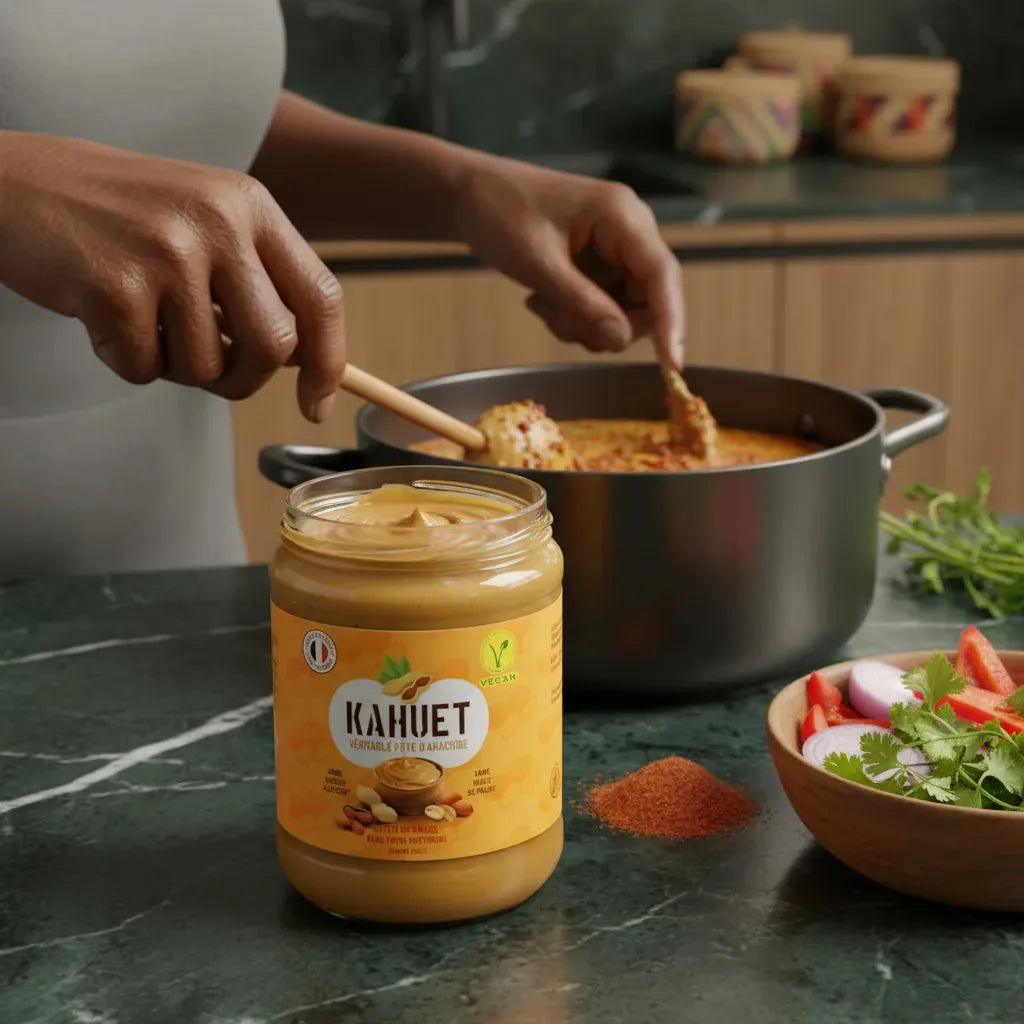 Utilisation culinaire de la pâte d'arachide Vegan KAHUET - Naturel & Crémeux dans une recette maison, sans additifs.