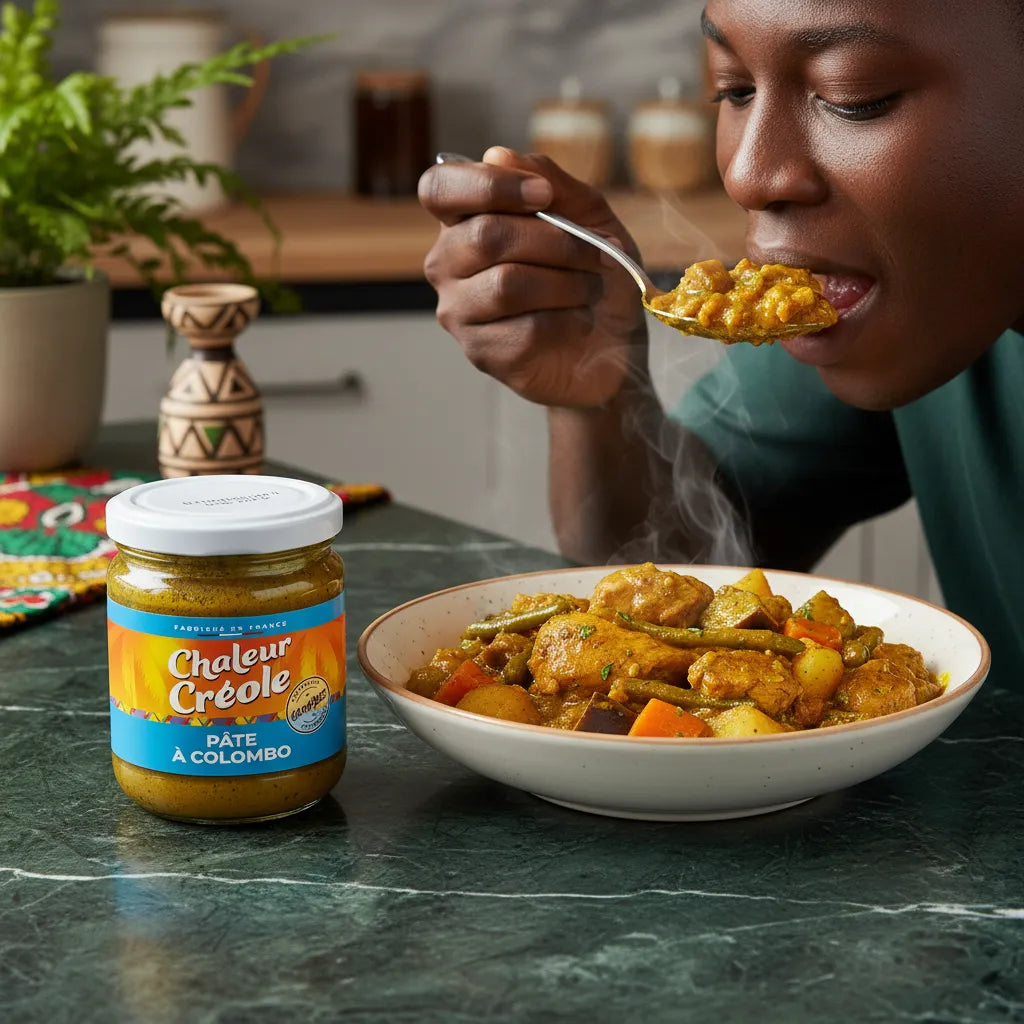 Homme dégustant un plat mijoté préparé avec la pâte à Colombo CHALEUR CREOLE. Condiment riche en goût pour cuisine créole maison.