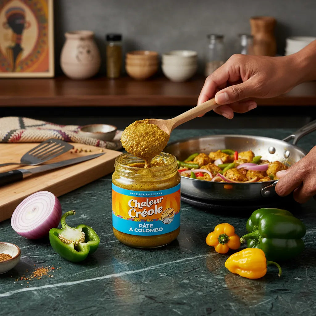 Cuisson d’un plat mijoté avec la pâte à Colombo CHALEUR CREOLE, entourée de légumes frais. Saveurs créoles prêtes à l’emploi en cuisine.