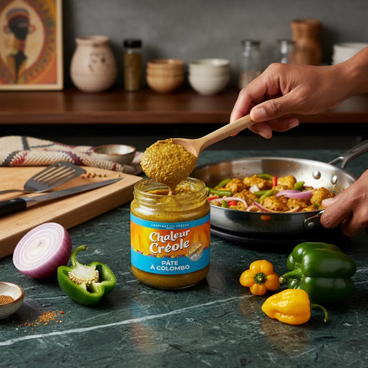 Cuisson d’un plat mijoté avec la pâte à Colombo CHALEUR CREOLE, entourée de légumes frais. Saveurs créoles prêtes à l’emploi en cuisine.
