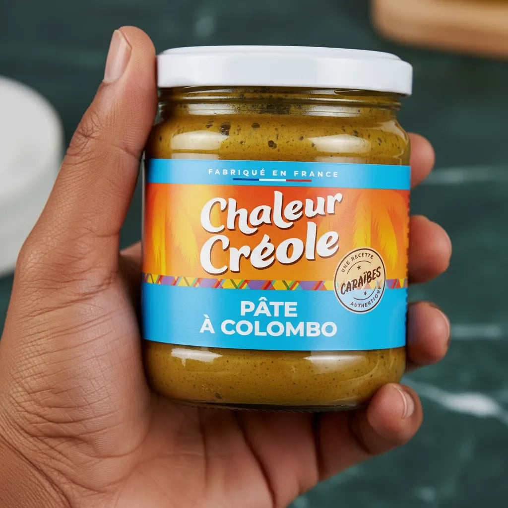 Main tenant un bocal de pâte à Colombo CHALEUR CREOLE, étiquette aux couleurs vives. Mélange d’épices prêt à l’emploi pour plats exotiques.